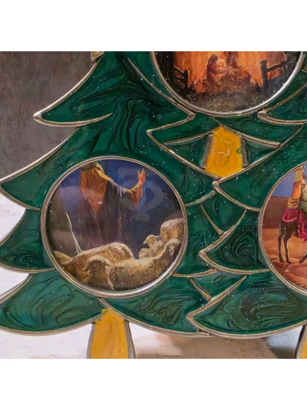 Vintage  Enamel Christmas Tree Nativity Triple Frame